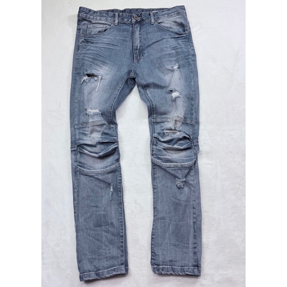 Smoke Rise Mens Distressed Moto Jeans Light Wash Ripped Slim Fit 34x32